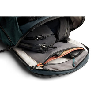Bellroy Venture Travel Pack 26L open pocket detail showing organized interior compartments and zipper pulls