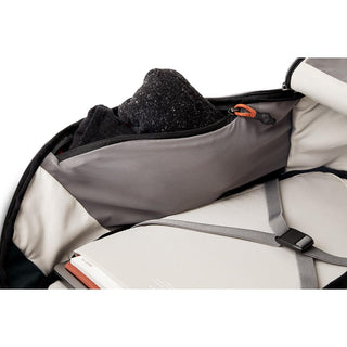 Bellroy Venture Travel Pack 26L open showing interior zippered compartment and secured laptop sleeve detail