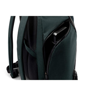Bellroy Venture Travel Pack 26L showing side pocket with secure zipper and tech device inside