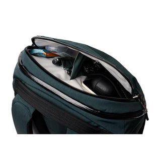 Bellroy Venture Ready Pack 26L with open top showing organized compartments and durable recycled fabric exterior