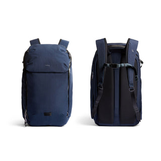 Bellroy Venture Ready Pack 26L in navy blue showing front padded straps and recycled fabric texture