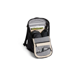 Bellroy Venture Ready Pack 20L in black showing organized interior with multiple compartments and light-colored lining