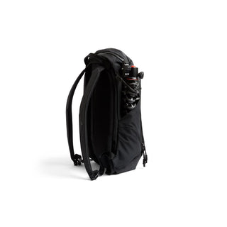 Bellroy Venture Ready Pack 20L in black with side tripod holder made from recycled nylon fabric