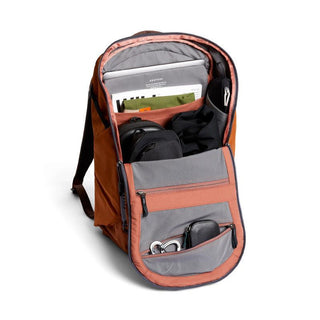 Bellroy Venture Ready Pack 20L open view showing organized compartments with tech and travel essentials inside