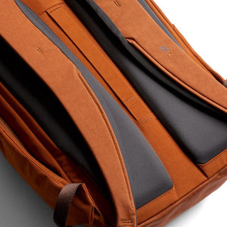 Bellroy Venture Ready Pack 20L showing ergonomic padded back panel and durable brown recycled fabric design