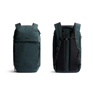 Bellroy Venture Ready Pack 20L in dark green fabric shown front and back with padded straps and sleek design