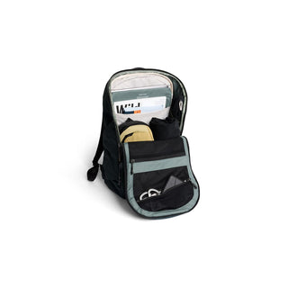 Bellroy Venture Ready Pack 20L made with recycled fabric, open to show organized compartments and contents