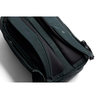 Bellroy Venture Ready Pack 20L showing padded adjustable shoulder straps and dark recycled nylon fabric texture