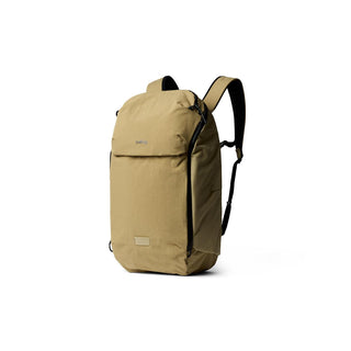 Bellroy Venture Ready Pack 20L tan recycled fabric backpack shown from front right angle