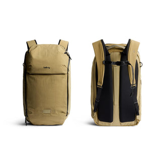 Bellroy Venture Ready Pack 20L backpack in tan with recycled nylon fabric, front and back views shown