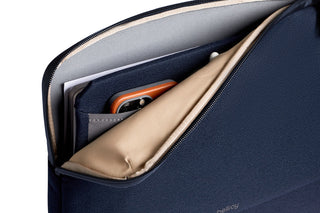 Bellroy Laptop Caddy 14" in navy fabric with tan leather compartment and tech organizer pockets