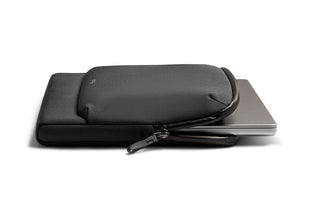 Bellroy Laptop Caddy 16" in black recycled fabric with zippered front pocket and slim profile