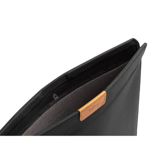 Bellroy Laptop Sleeve 16" in black recycled fabric with a leather logo patch and soft interior lining