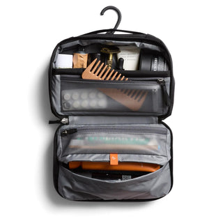 Bellroy Hanging Toiletry Kit in gray fabric with organized compartments and a black hanging hook