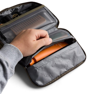Bellroy Hanging Toiletry Kit in gray fabric with water-resistant texture and organized compartments