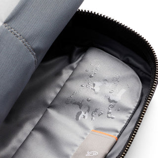 Bellroy Toiletry Kit close-up showing water-resistant grey fabric and smooth zipper edge interior