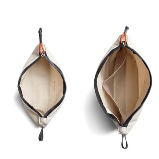 Bellroy Lite Pouch Duo showing beige recycled nylon fabric with zipped openings and orange zipper pulls