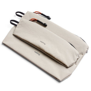 Bellroy Lite Pouch Duo in beige with recycled fabric and secure zipper pulls for organized travel storage