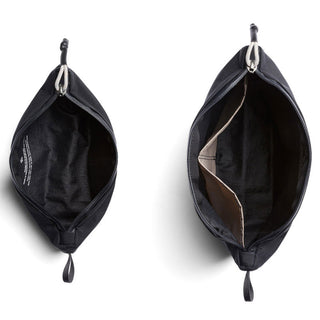 Bellroy Lite Pouch Duo showing two open black pouches with fabric interior and zipper closures