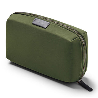 Bellroy Tech Kit in olive green with durable recycled fabric and sturdy zipper closure
