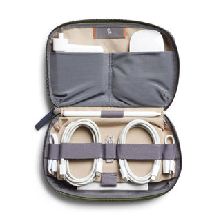Bellroy Tech Kit with organized cables and accessories inside a zippered recycled fabric case