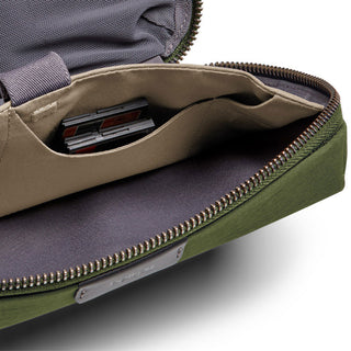 Bellroy Tech Kit in olive green with organized compartments and durable recycled fabric lining