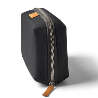 Bellroy Tech Kit in black recycled fabric with sturdy metal zipper and leather pull tab side view