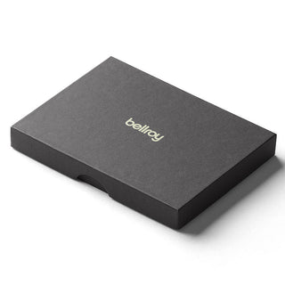 Black Bellroy Card Pocket packaging box with subtle gold logo on top shown at angle