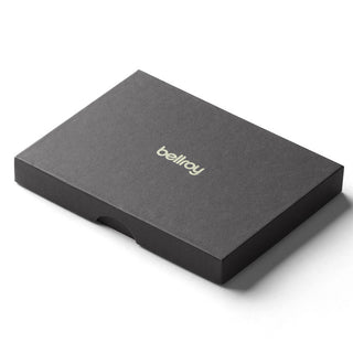 Bellroy Card Pocket black rectangular box packaging with embossed logo on top angled view