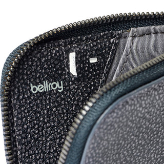 Bellroy Card Pocket black textured leather card holder showing interior zipper and fabric lining