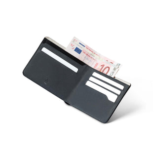 Bellroy Hide & Seek HI Premium black leather wallet open showing card slots and euro bills