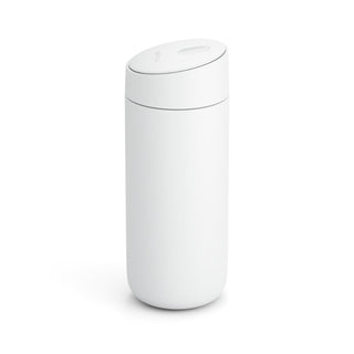 FELLOW Carter Slide Mug 16oz in white with sleek stainless steel body and BPA-free lid design