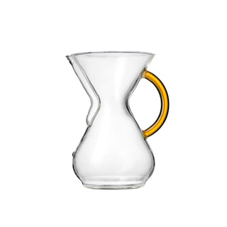 CHEMEX® Six Cup Glass Handle coffee maker with amber handle and clear heat-resistant glass body
