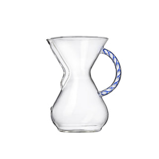 CHEMEX® Six Cup Glass Handle coffee maker with clear heat-resistant glass and blue patterned handle