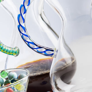 CHEMEX® Six Cup Glass Handle coffee maker with blue swirl handle and heat-resistant glass body