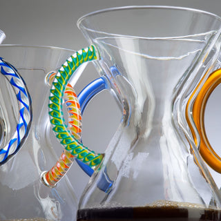 CHEMEX® Six Cup Glass Handle with vibrant multicolored glass handles and clear heat-resistant body