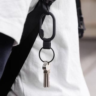 Orbitkey Clip Mini black zinc alloy key holder clipped onto bag strap with keys attached