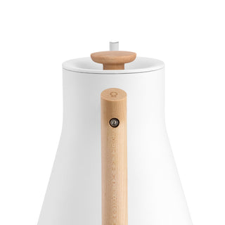 Fellow Stagg EKG Pro Electric Pour Over Kettle (120V) with white body and wooden handle close-up view