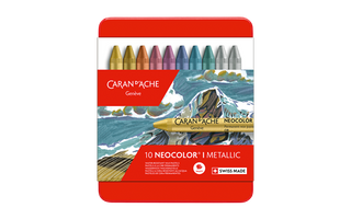 Caran d'Ache Neocolor I Water-Resistant Wax Pastel - Box of 10 Metallic, open tin