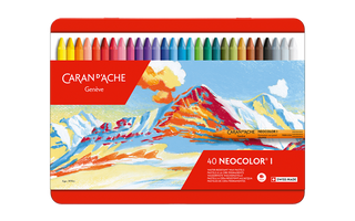 Caran d’Ache Neocolor I Water-Resistant Wax Pastel set with vibrant colors and mountain artwork on the tin