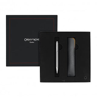 Caran d'Ache Ecridor Chevron Gift Set Ballpoint Pen with silver brass body and black leather case in box