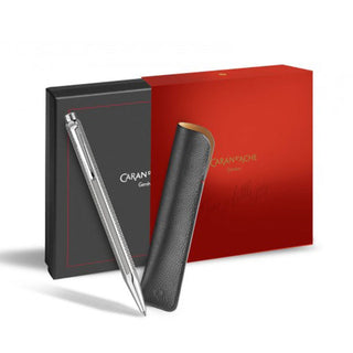 Caran d’Ache Ecridor Chevron Gift Set Ballpoint Pen with engraved metal body and black leather case