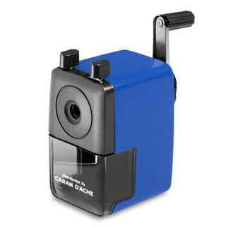 Caran d'Ache Plastic Pencil Sharpener in blue plastic with crank handle and clear shavings container