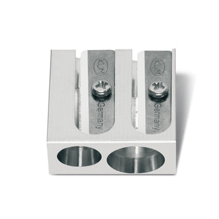 Caran d'Ache Double Pencil Sharpener metal dual blade design with silver finish and engraved screws
