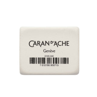 Caran d'Ache School Pencil Eraser in white with black printed logo and barcode on a smooth surface