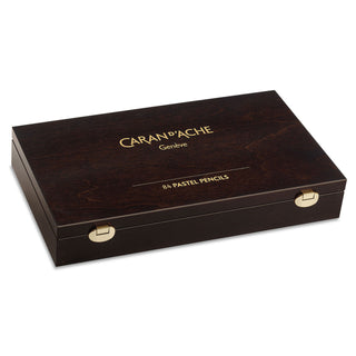 Caran d'Ache Pastel Colour Pencil Assortment - Wooden box set of 84 with gold lettering and metal clasps