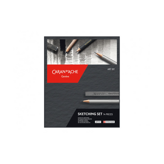 Caran d'Ache Art by Sketching Set of 14 showcasing pencils with graphite shading and textured black packaging