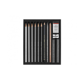 Caran d'Ache Art by Sketching Set of 14 with graphite pencils, eraser, sharpener, and blending sticks in black case