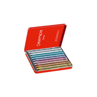 Caran d'Ache Neocolor I Water-Resistant Wax Pastel - Box of 10 Metallic, angled tin
