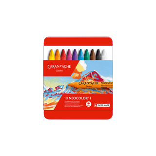 Caran d'Ache Neocolor I Water-Resistant Wax Pastel set with ten vibrant colors in a red metal tin